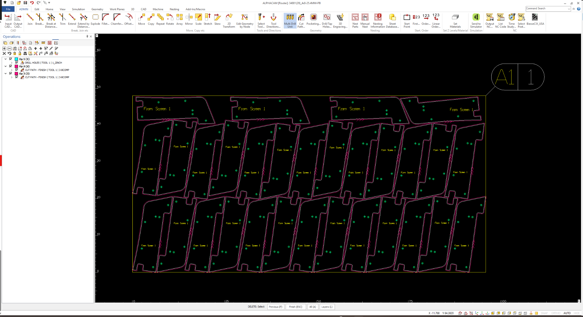 ALPHACAM programming screenshot showing tightly nested CNC parts and toolpaths arranged for efficient sheet yield
