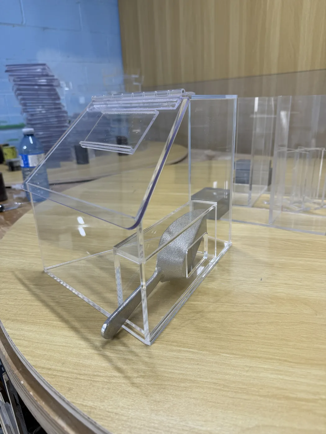 Clear acrylic box assembled from cut acrylic panels at Cedar Hedge Millworks