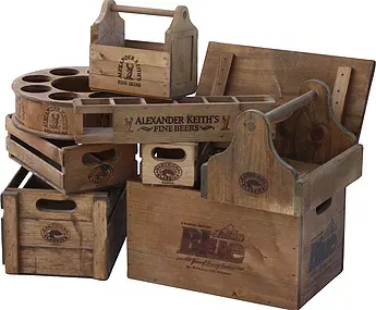 A selection of wooden promotional crates boxes and display products
