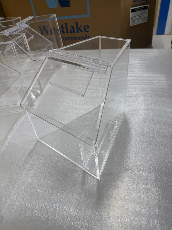 Completed clear acrylic display assembly viewed at an angle