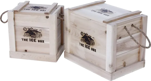 Two wooden ice boxes with rope handles and printed branding