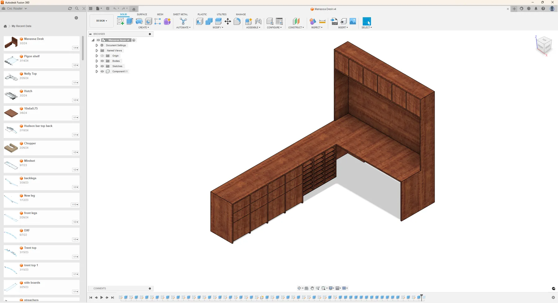 Custom wooden desk model in Fusion 360 CAD software