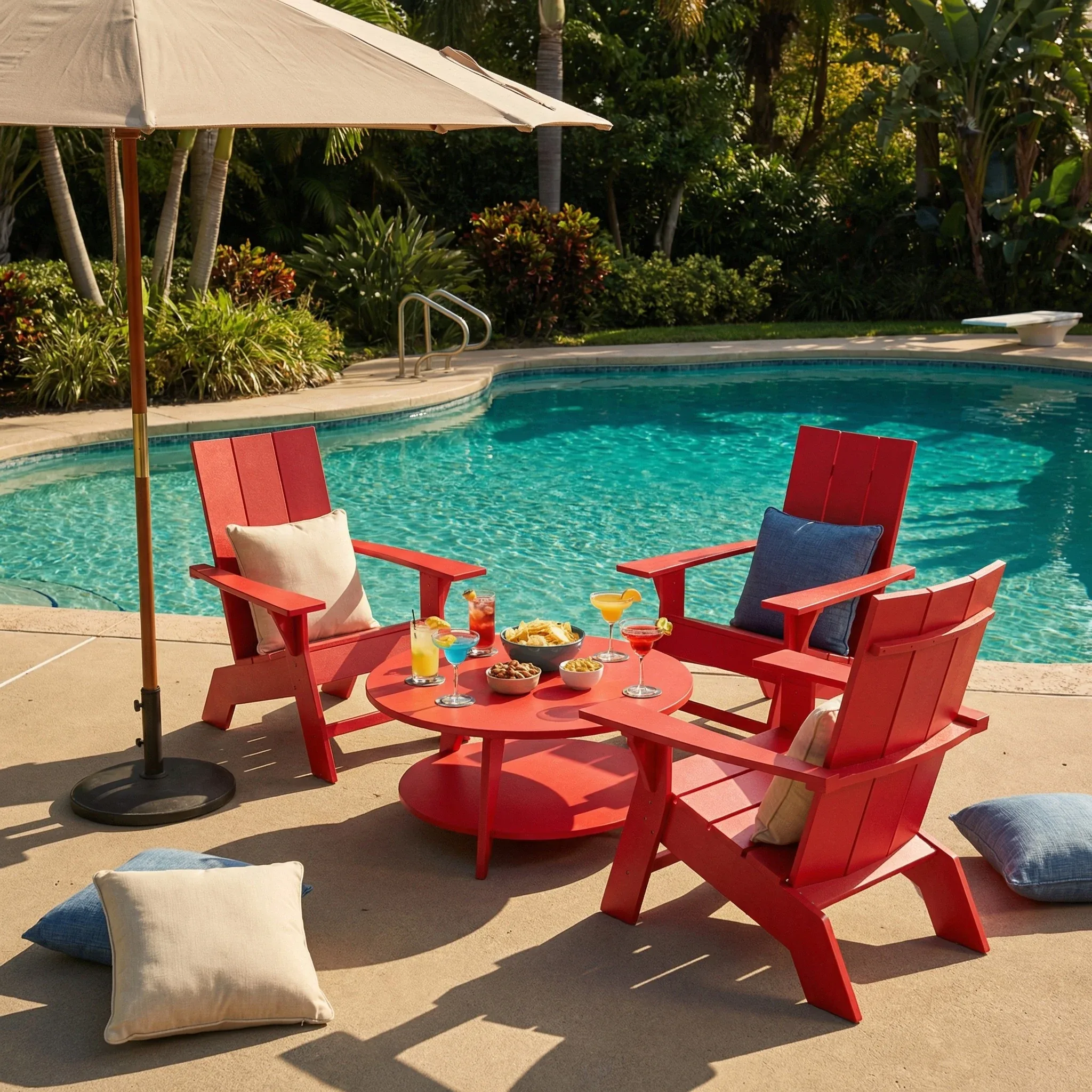 Red RVO Adirondack chairs and a matching round table beside a swimming pool