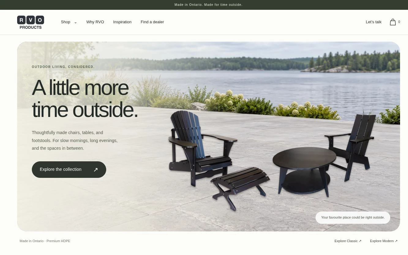 Preview of the RVO Products website featuring outdoor chairs and a table by a lake